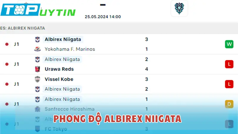 Phong độ gần đây của Albirex Niigata